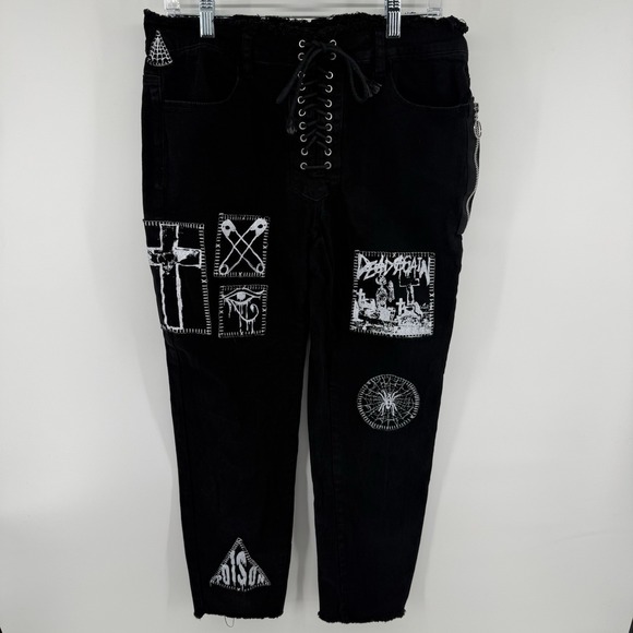 Current Mood Denim - Current Mood Dolls Kills Patches & Lace Up Goth Punk Jeans Size XL Goth Girl